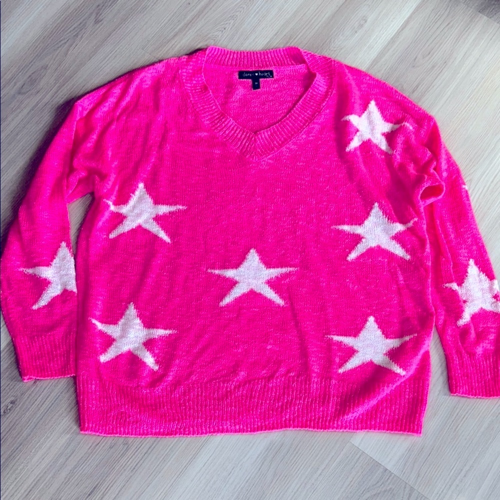 Derek Heart Star V-neck Sweater 1X Neon Pink White Lightweight Spring Casual